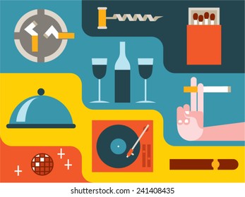 Vector illustration icon set of holiday: ashtray, corkscrew, matches, food, alcohol, smoking, disco ball, turntable, cigar