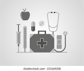 Vector illustration icon set of hospital: thermometer, bandage, injection, pharmacy, stethoscope, apple, pill