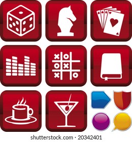 Vector illustration of icon set: indoor leisure, and buttons. Only global colors. CMYK. Easy color changes.
