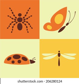 Vector illustration icon set of insect: spider, butterfly, bug, dragonfly