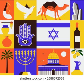 Vector illustration icon set of Israel. Horn, white dove, camel, sea salt, honey, pomegranate, flag, bottle of wine, palm tree, menorah, Dome of Rock, olive oil.