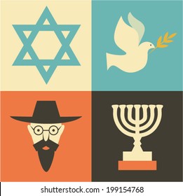 Vector illustration icon set of Israel: Star of David, bird, man, menorah