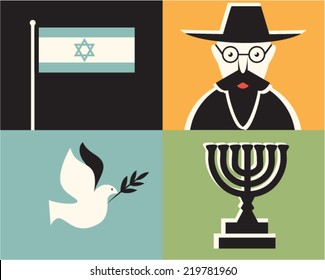 Vector illustration icon set of Israel: Star of David, bird, man, menorah