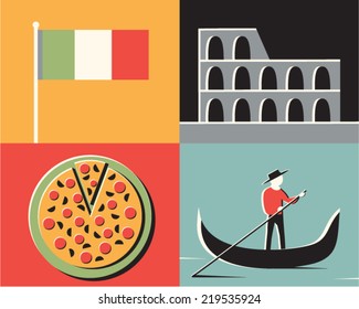 Vector illustration icon set of Italy: flag, Coliseum, pizza, gondolier