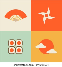 Vector illustration icon set of Japan: fan, ninja, sushi, sun