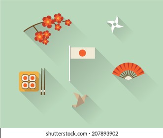 Vector illustration icon set of Japan: tree, sushi, flag, weapon, fan, origami