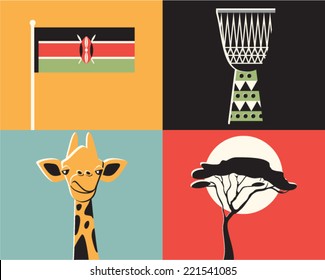 Vector illustration icon set of Kenya: flag, music, giraffe, tree