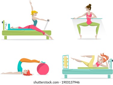 vector illustration - icon set of ladies doing Pilates exercise - Pilates reformer