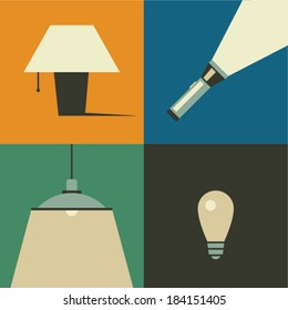 Vector illustration icon set of lamp: table lamp, flashlight, chandelier and bulb