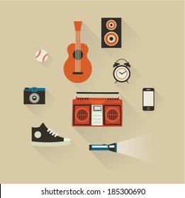 Vector illustration icon set of lifestyle: baseball, guitar, camera, tape recorder, telephone, clock, shoes and flashlight