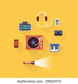 Vector illustration icon set of lifestyle: turntable, piano, phone, camera, player, headphones, cassette, flashlight
