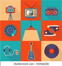 Vector illustration icon set of lifestyle: photo camera, TV, tape recorder, telephone, lamp, shoes, headphones, player, guitar, vinyl record