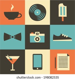 Vector illustration icon set of lifestyle: coffee, vinyl record, ice cream, bow, photo camera, shoes, alcohol, phone, notebook