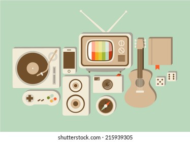 Vector illustration icon set of lifestyle: turntable, game joystick, speaker, phone, photo camera, TV, compass, guitar, book, dice