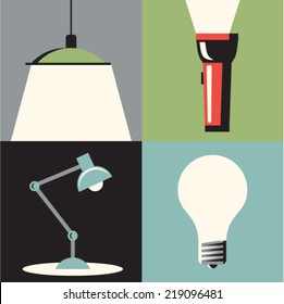 Vector illustration icon set of light: chandelier, flashlight, table lamp, bulb