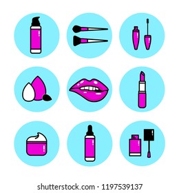 Vector illustration icon set for makeup and beauty themes with makeup tools: brushes, drop bottles of foundation, lotion, lipstick, mascara, nail polish, jar of cream.