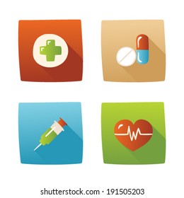 Vector illustration icon set of medicine: pharmacy, pill, injection, heart