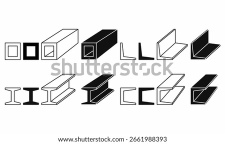 Vector illustration icon set of metal beams with outline and silhouette, including I beam, H beam, box, pipe, C channel, and angle bar, ideal for construction, architecture, and projects.