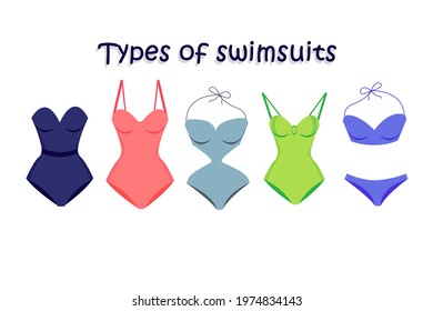 Vector illustration icon set of multicolored swimsuits, for typography and digital use. Beach women fashion, create your design, design element, coloring.  