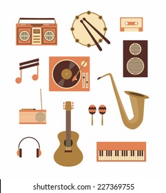 Vector illustration icon set of music: recorder, drum, audio cassette, note, turntable, loudspeaker, radio, guitar, maracas, trumpet, headphones, piano