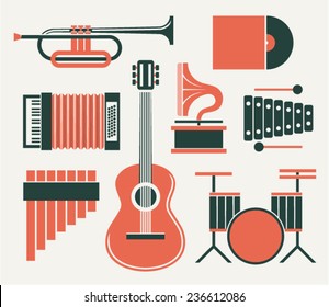 Vector illustration icon set of music: trumpet, record, accordion, gramophone, guitar, xylophone, guitar, drum