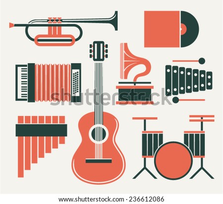 Vector illustration icon set of music: trumpet, record, accordion, gramophone, guitar, xylophone, guitar, drum