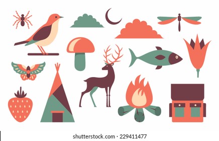 Vector illustration icon set of nature: spider, bird, sky, dragonfly, butterfly, mushroom, fish, flower, berry, house, deer, fire, backpack