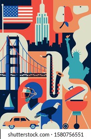 Vector illustration icon set of New York, flat style, color background, poster, collection of american landmarks. Bridge, yacht, car, rugby player, sax, building, flag.