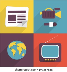 Vector illustration icon set of news: newspaper, camera and microphone, world, television
