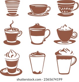 Vector illustration, icon set of nine different cups of coffee isolated on a white background