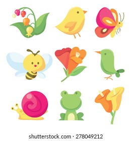 A vector illustration icon set of nine cute spring related images like insects to flowers.