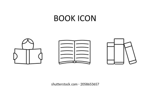 Vector illustration. Icon set - person with open book; open book with text; stack of books. 