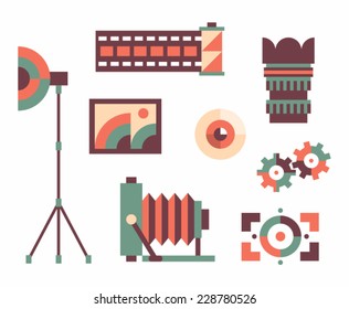 Vector illustration icon set of photo: camera, lens, eye, focus, film, umbrella