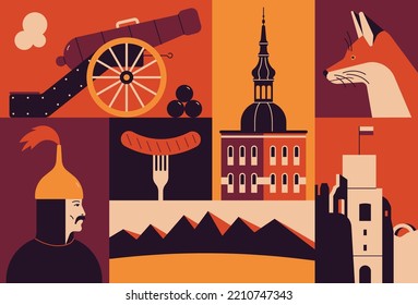 Vector illustration icon set of Poland. Cannon and Iron balls, Cathedral of Frombork, Fox, Polish knight, Tatras Mountains, Sausage, Ogrodzieniec Castle.