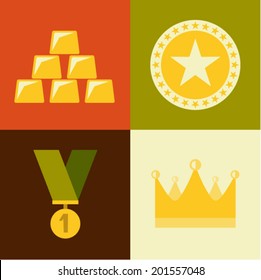 Vector illustration icon set of praise, gold, coin, medal, crown