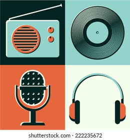 Vector illustration icon set of radio, vinyl, microphone, headphones