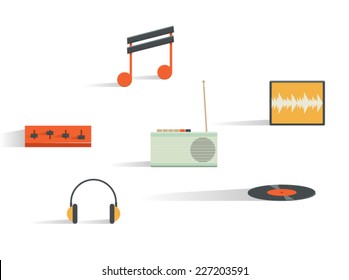Vector illustration icon set of radio: vinyl records, headphones, note, DJ mixer, rec