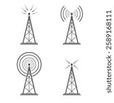 Vector illustration icon set of a Retro Vintage radio tower silhouette. Black TV telecommunications signal transmitter