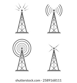 Vector illustration icon set of a Retro Vintage radio tower silhouette. Black TV telecommunications signal transmitter