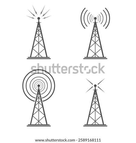 Vector illustration icon set of a Retro Vintage radio tower silhouette. Black TV telecommunications signal transmitter