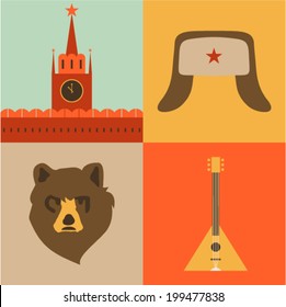 Vector illustration icon set of Russia: red square, hat, bear, music