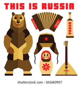 Vector illustration icon set of Russia: hat, bear, music, matrioshka, ushanka, vodka