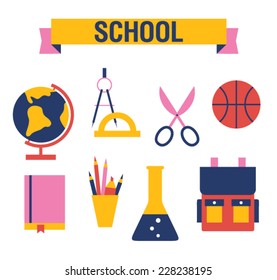 Vector illustration icon set of school: globe, compass, ruler, scissors, basketball, book, pencil, chemistry, backpack