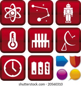 Vector illustration of icon set: science, and buttons. Only global colors. CMYK. Easy color changes.