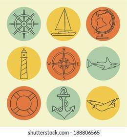 Vector illustration icon set of sea: lifeline, compass, globe, lighthouse, ship, seagull, steering wheel, anchor, shark