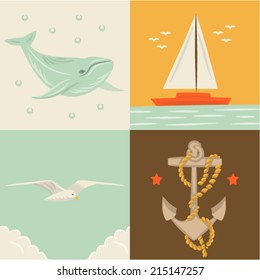 Vector illustration icon set of sea: whale, ship, seagull, anchor