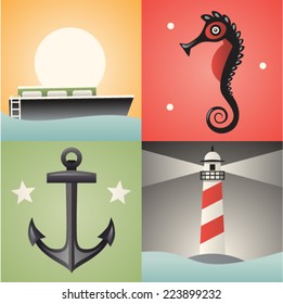 Vector illustration icon set of sea: ship, sea horse, anchor, lighthouse