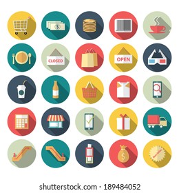 Vector illustration of icon set shopping with long shadow effect