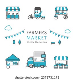 Vector illustration icon set of shops lined up at a lively farmers market