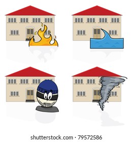 Vector illustration of an icon set showing a house with different hazards covered by insurance, such as fire, flooding, burglary and tornadoes